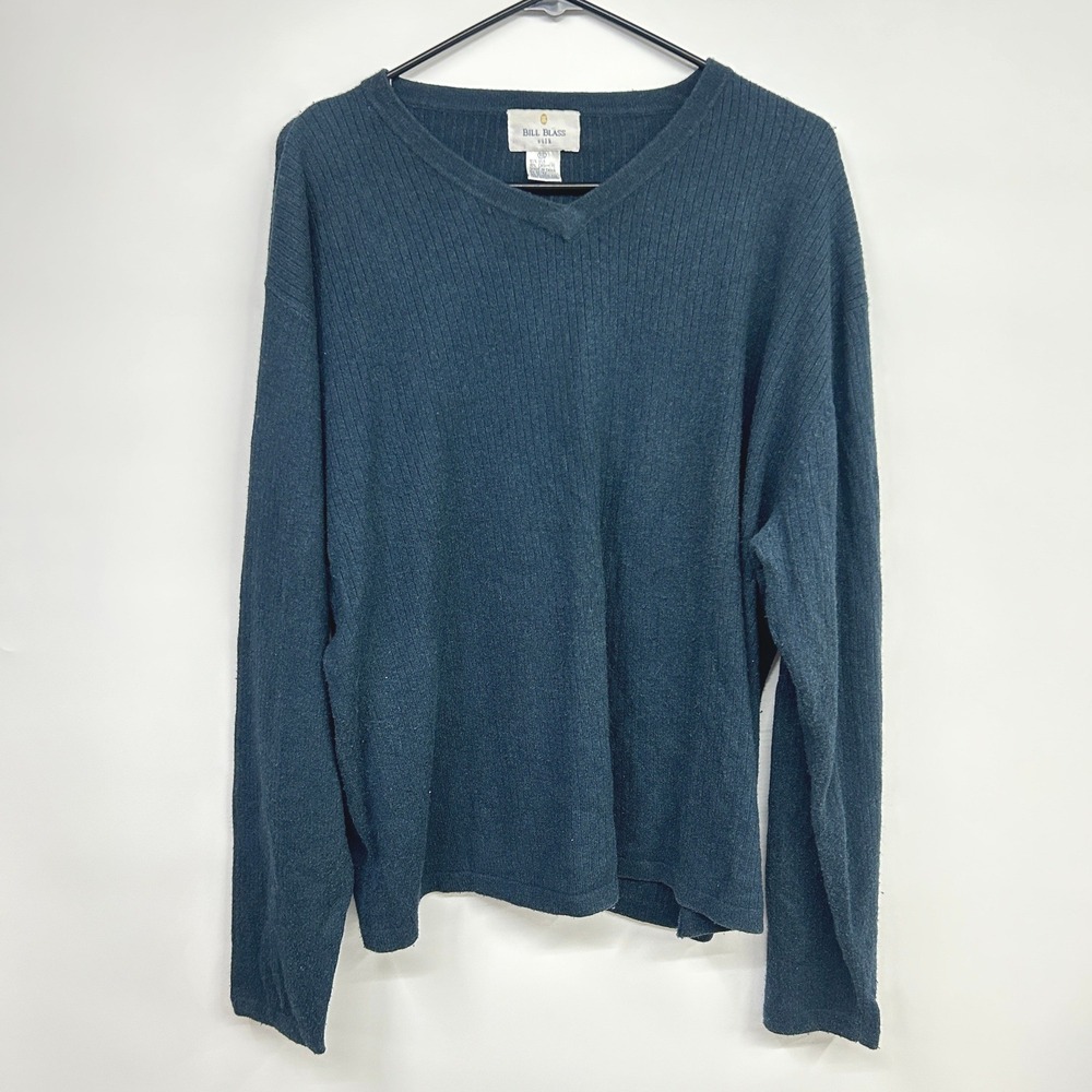 Silk Cashmere V-Neck Ribbed Sweater XXL Blue Old Money Quiet Luxury Minimalist